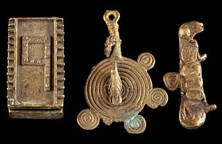 19th C. African Ashanti Brass Weights + Gold Dust Box