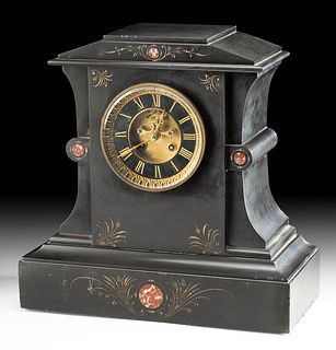 19th C. Swiss Slate Mantel Clock, Brass / Marble Inlay