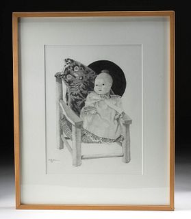 Morris Broderson Drawing - Infant & Toy Cat (1990)