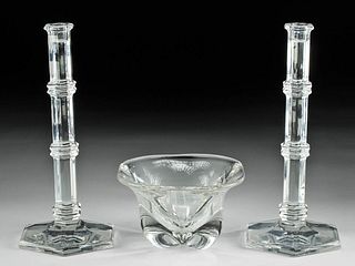 Tiffany Crystal Candlesticks + Art Glass Bowl