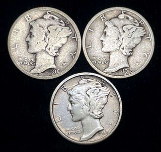 1918-P/D/S Mercury Silver Dimes (3-coins)