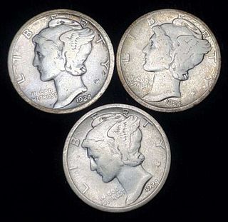1924-P/D/S Mercury Silver Dimes (3-coins)
