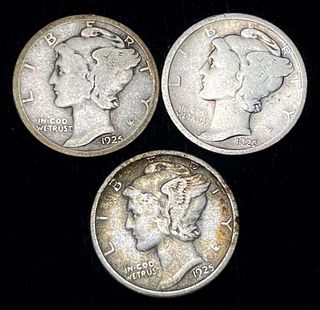 1925-P/D/S Mercury Silver Dimes (3-coins)