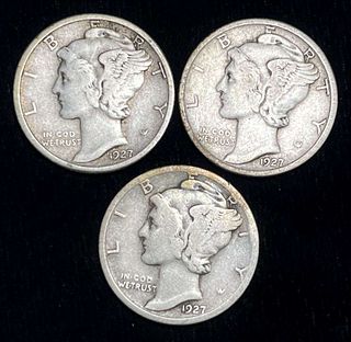1927-P/D/S Mercury Silver Dimes (3-coins)