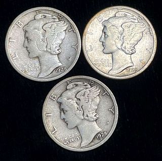 1928-P/D/S Mercury Silver Dimes (3-coins)