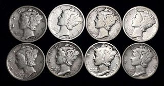 1934-1936-P/D/S Mercury Silver Dimes (8-coins)