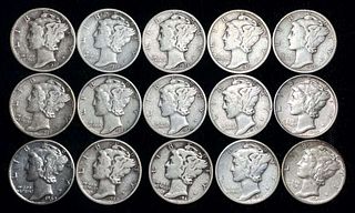 1937-1941-P/D/S Mercury Silver Dimes (15-coins)