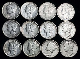 1942-1945-P/D/S Mercury Silver Dimes (12-coins)