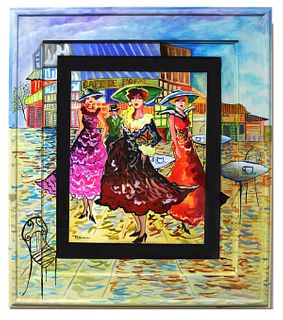 Patricia Govezensky- Original Watercolor with Hand Painted Frame "Cafe De Paris"