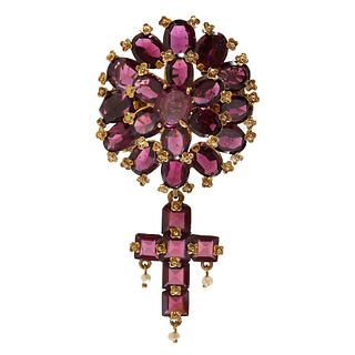 ANTIQUE GARNET AND PEARL CLUSTER BROOCH WITH CROSS DROP