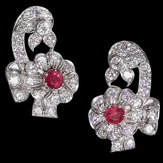 IMPRESSIVE PAIR OF RUBY AND DIAMOND CLIP ON EARRINGS