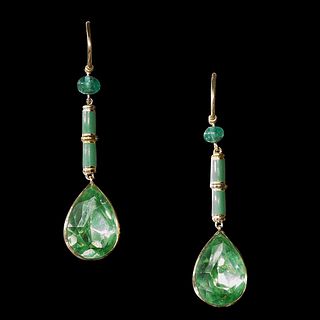 ATTRACTIVE PAIR OF EMERALD ENAMEL AND GREEN STONE EARRINGS