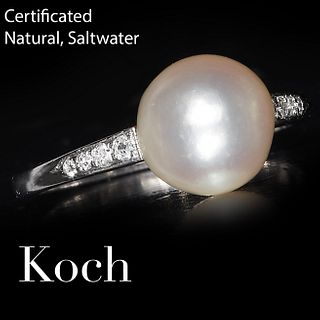 KOCH, CERTIFICATED NATURAL SALTWATER PEARL AND DIAMOND RING