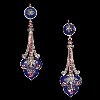 A PAIR OF FINE LAPIS LAZULI, DIAMOND AND RUBY DROP EARRINGS