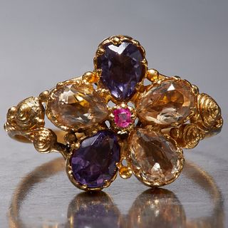 RUBY AMETHYST AND CITRINE FLORAL CLUSTER RING