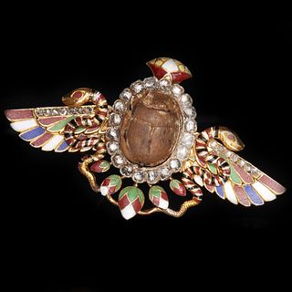 EGYPTIAN REVIVAL DIAMOND AND ENAMEL BROOCH