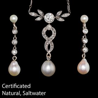 CERTIFICATED NATURAL SALTWATER PEARL AND DIAMOND DROP PENDANT NECKLACE AND PAIR OF EARRINGS