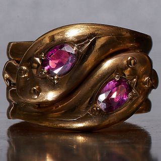 ANTIQUE GOLD AMETHYST DOUBLE SNAKE RING