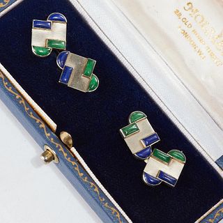 FINE PAIR OF FRENCH ART DECO DOUBLE FACED LAPIS LAZULI AND JADE GOLD CUFFLINKS