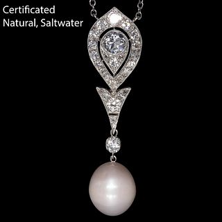 ERTIFICATED NATURAL SALTWATER PEARL AND DIAMOND DROP PENDANT NECKLACE