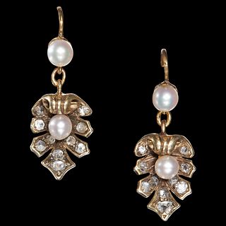 PAIR OF ANTIQUE PEARL AND DIAMOND DROP EARRINGS