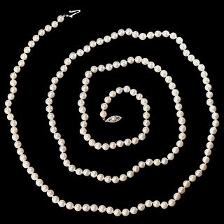 LONG PEARL NECKLACE WITH PEARL AND DIAMOND CLASP