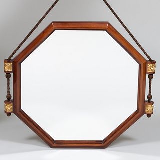 Art Deco Mahogany, Parcel Gilt and Silk Braid Octagonal Beveled Glass Mirror 