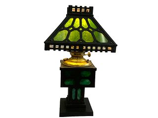 Arts and Crafts Wrought Iron  and Slag Glass Table Lamp