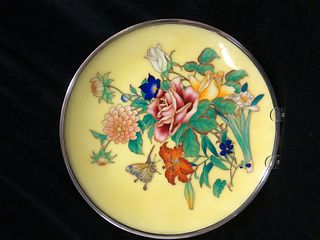 Japanese yellow  enamel plate Ando Jubei with butterfly design