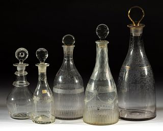 ASSORTED FREE-BLOWN GLASS DECANTERS, LOT OF FIVE
