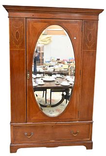 English Mahogany Armoir with Oval Mirror and Inlay