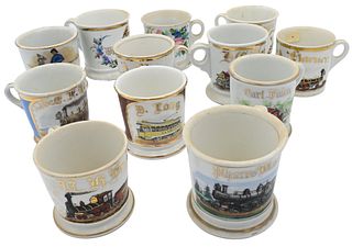 Seven Piece Group of Automobile and Locomotive Occupational Shaving Mugs