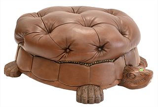 Tufted Leather Upholstered and Carved Turtle Shaped Ottoman