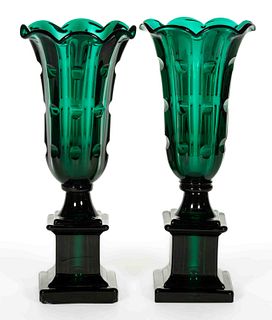 EXTREMELY RARE AND IMPORTANT NOTCH-CUT PILLAR-MOLDED AND PRESSED PAIR OF VASES