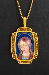 14K Yellow Gold Madonna Emblem Pendant Necklace