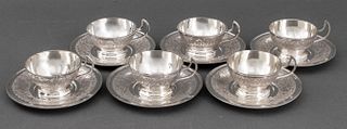Persian Silver Engraved Coffee or Tea Cups, 6