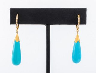 18K Yellow Gold Turquoise Diamond Drop Earrings