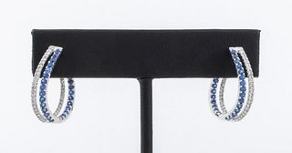 14K White Diamond Sapphire In & Out Hoop Earrings