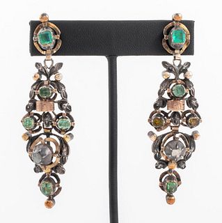 Victorian Silver 18K Emerald Diamond Earrings