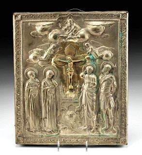 19th C. Russian Silvered Copper Icon Crucifixion Christ