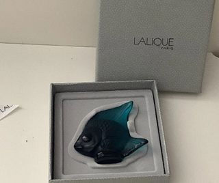Lalique SIGNED Crystal Bluish shade Fish with box Made in France.