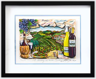 Charles Fazzino- 3D Construction Silkscreen Serigraph "A Tasting in Wine Country (Blue)"