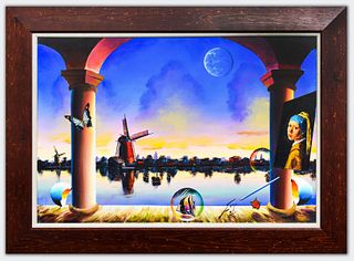 Ferjo- Original Oil on Canvas "Windmill Across the River"
