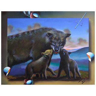 Ferjo, "Pup Kisses" Original Painting on Canvas, Hand Signed with Letter of Authenticity.