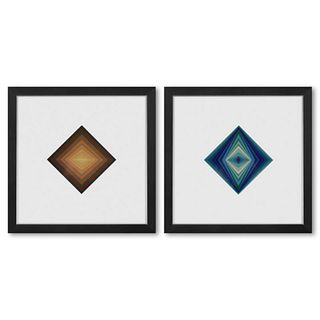 Victor Vasarely (1908-1997), "Rhombus - C et Rhombus de la sÃ©rie Vonal (Diptych)" Framed 1971 Heliogravure Prints with Letter of Authenticity