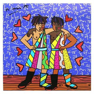 Britto, "Gemini Boys (Black)" Hand Signed Limited Edition Giclee on Canvas; Authenticated.