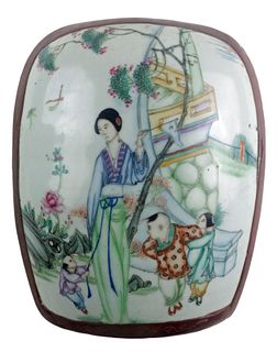 Chinese Lacquer Box with Porcelain Inlay