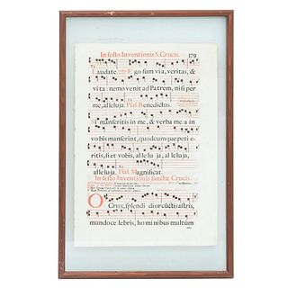 Hoja con notas musicales medievales. Medidas 48 x 33.5 cm.  Enmarcada.