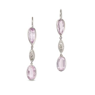 NO RESERVE - A PAIR OF PINK TOPAZ AND DIAMOND DROP EARRINGS each set with an inverted pear cut pi...