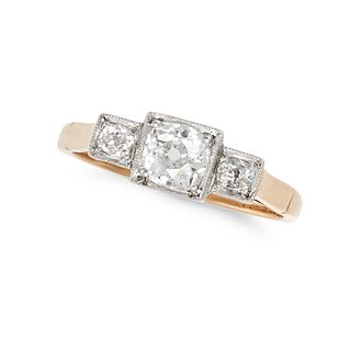 A DIAMOND THREE STONE RING in 18ct yellow gold and platinum, set with three old cut diamonds all ...